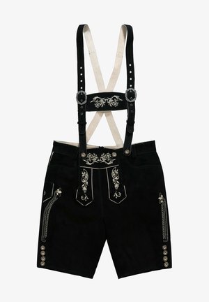 Czarne zamszowe lederhosen z haftowanymi wzorami kwiatowymi, regulowanymi ramiączkami, srebrnymi guzikami i bocznymi kieszeniami. Akcenty w srebrnej nitce.