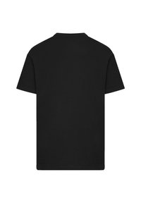 Black short-sleeve T-shirt with a crew neck, made of cotton. Smooth texture, standard fit, no patterns or graphics, minimal design.
