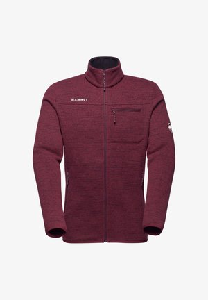 Bordeauxfarbene Fleecejacke mit hohem Kragen, vorderer Reißverschlusstasche und Logo auf der Brust. Sie hat lange Ärmel und eine weiche Textur, die für Wärme sorgt.