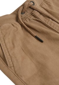 Shorts en coton marron avec une ceinture côtelée et un cordon de serrage ajustable. Texture lisse avec des plis subtils ; détails matériels minimaux.