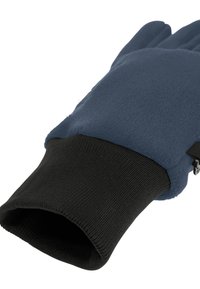 Guanto in pile blu navy con polsino a coste nere, caratterizzato da una texture liscia e un design di lunghezza media per calore e comfort.