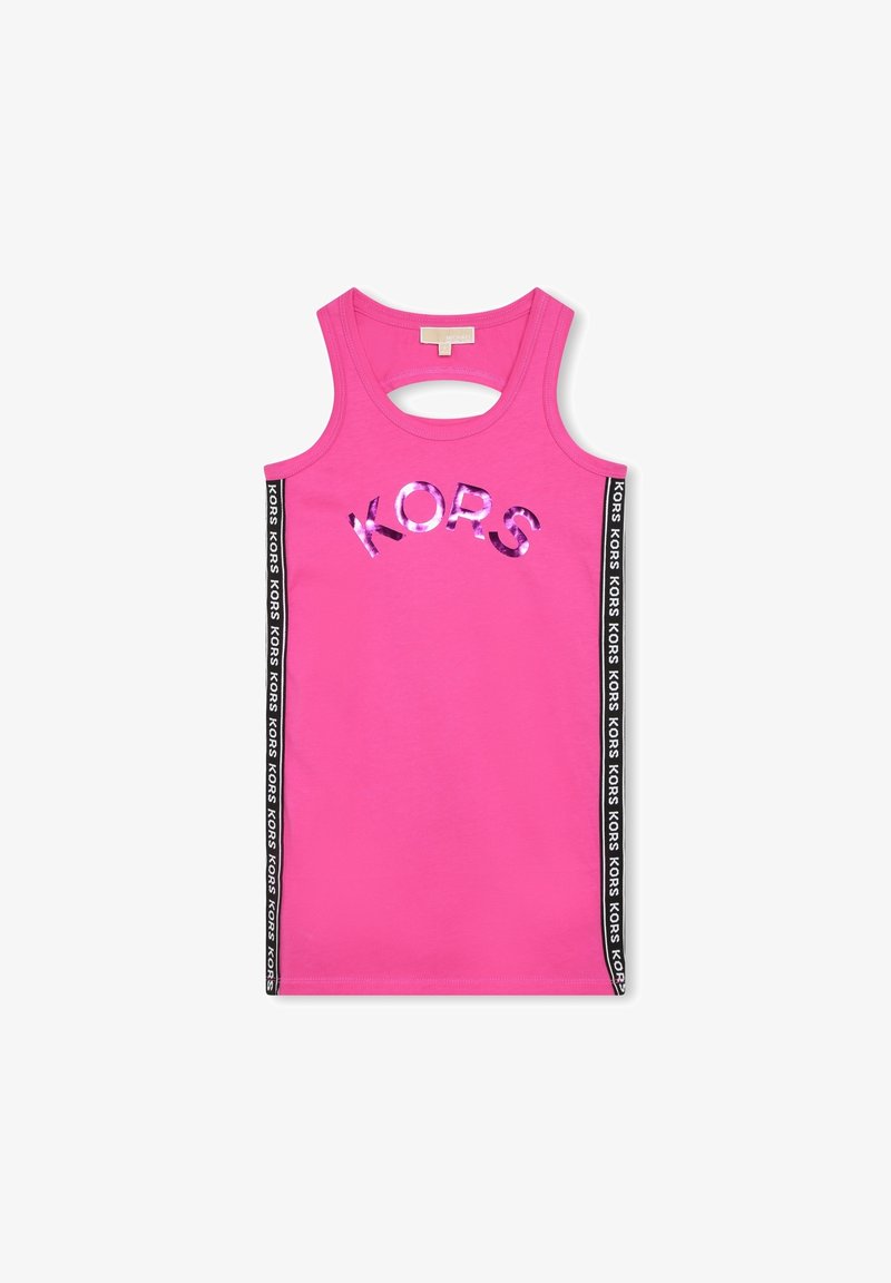 Rosa ärmelloses Tanktop mit einem geschwungenen Halsausschnitt, einem ausgeschnittenen Rücken und einem mittig platzierten glänzenden "KORS"-Logo, während schwarze Seitenakzente "KORS" zeigen.