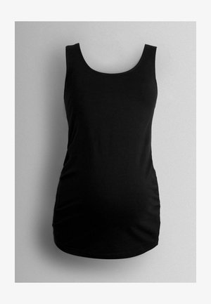 Top negru fără mâneci, realizat dintr-o țesătură moale, cu un decolteu rotund, design fără mâneci și detalii pliate pe laterale pentru o siluetă ajustată.