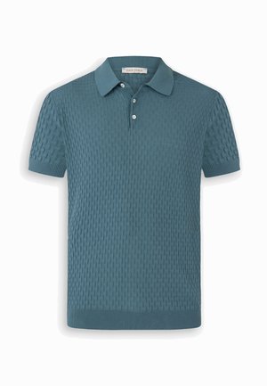 Kortærmet polo i grønblå med tekstureret strikkemønster, knappet stolpelukning og ribkant ved ærmerne, mærket Dan John ved kraven.