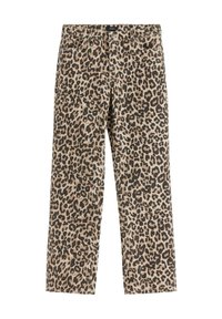 Pantalons imprimés léopard en tissu texturé, présentant une coupe droite avec un fond beige et des taches marron foncé.