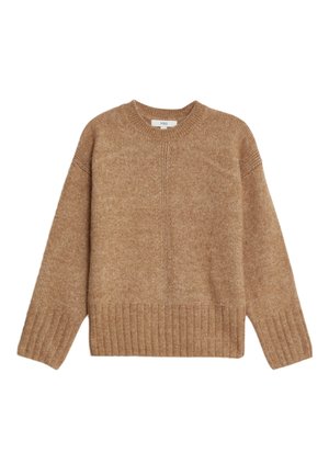 Maglione a maglia marrone con scollatura rotonda, orlo e polsini a coste. Texture morbida, presenta cuciture che scorrono lungo la parte anteriore, design casual.