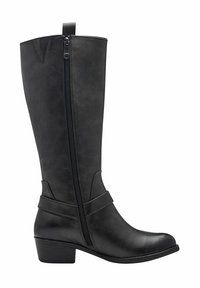 Botte en cuir noir montante avec une fermeture éclair sur le côté, bout arrondi et talon empilé. Présente un accent de sangle au niveau de la cheville et des coutures minimales.