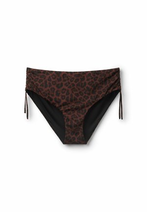Brązowe bikini w kratkę panterkę z czarnymi akcentami, z wiązaniami po bokach i marszczeniem wzdłuż pasa. Matowa textura.