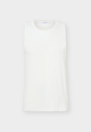 White sleeveless crewneck top made of smooth fabric, displayed flat against a light background.