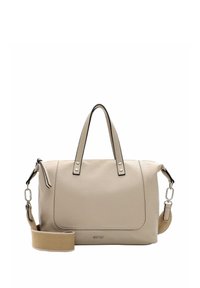 Beige Lederhandtasche mit zwei oberen Griffen, abnehmbarem Schultergurt, schwarzem Besatz und silbernen Hardware-Akzenten. Glatte Textur und rechteckige Form.
