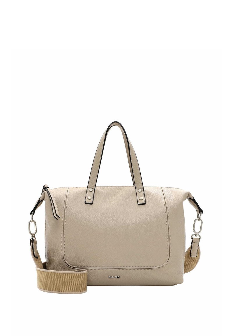 Beige Lederhandtasche mit zwei oberen Griffen, abnehmbarem Schultergurt, schwarzem Besatz und silbernen Hardware-Akzenten. Glatte Textur und rechteckige Form.