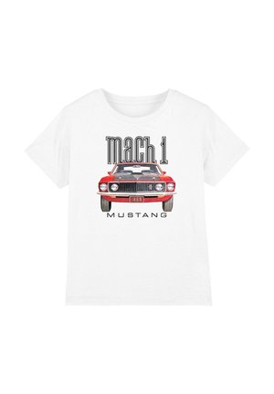 White T-shirt with graphic of red 1969 Mustang Mach 1 car front and text "Mach 1 Mustang" below the image.