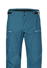 Tyrkysové nepromokavé kalhoty s texturovaným vzorem, nastavitelným pasem, dvěma kapsami na zip a zesílenými dolními částmi pro zvýšení odolnosti.