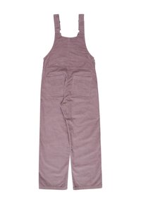 Salopette di velluto a coste viola con bretelle regolabili, due tasche frontali e due tasche posteriori, dal taglio semplice e comodo.