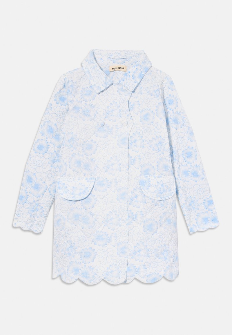 Floral-patterned coat in light blue and white, featuring a scalloped hem, two front pockets, and a pointed collar.