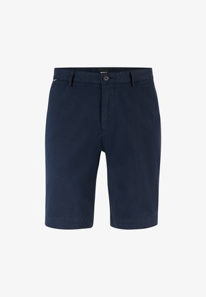 Námorně modré šortky vyrobené z bavlny, s plochým předním dílem, páskem s poutky na opasek a jedním knoflíkovým zapínáním.