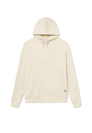 Cream hooded sweatshirt made of soft fabric featuring a kangaroo pocket and a small embroidered logo on the lower right.