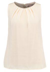 Cremefarvet ærmeløs bluse med plisseret front og perlekant. Glat stof med en diskret glans og lynlås i ryggen.