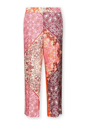 Kalhoty se širokými nohavicemi s patchworkovým vzorem v růžové, oranžové, krémové a kaštanové paisley a květinové vzory.