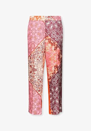 Rechte broek met een patchworkpatroon van roze, oranje, crème en kastanjebruine paisley- en bloemmotieven.