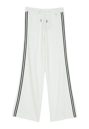 Pantaloni bianchi a gamba larga con doppie strisce nere laterali e vita con coulisse.