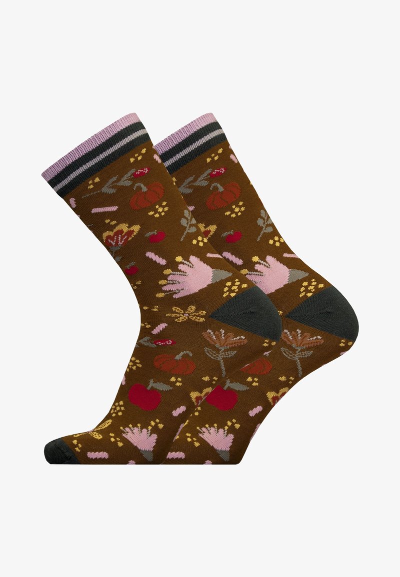 Braune Socken mit einem Blumenmuster in Pink, Grün und Gelb; gerippter pinker und schwarzer Bund; verstärkte dunkle Zehen- und Fersenpartie.