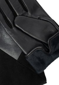 Czarne skórzane rękawice o gładkim wykończeniu, miękkiej wewnętrznej wyściółce oraz eleganckim designie z delikatnym połyskiem i subtelnymi detalami przeszycia.
