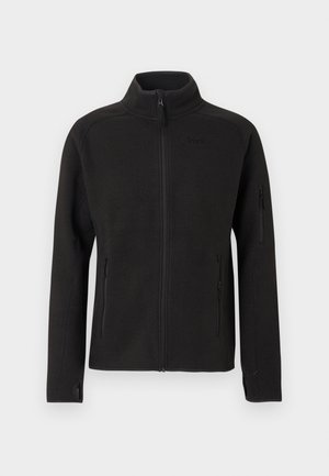 Black zip-up fleece jacket with high collar, two front zip pockets, and a zip pocket on the left sleeve.