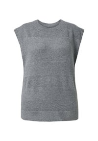 Top sin mangas de punto gris con cuello redondo acanalado y franjas de textura variable en el cuerpo. El dobladillo también es acanalado.