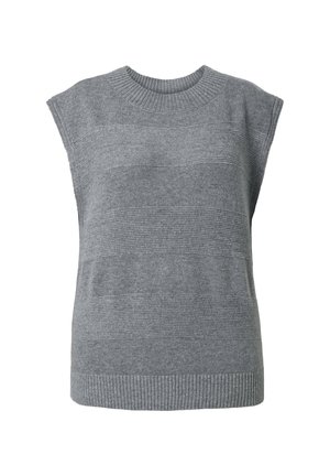 Grauer gestrickter ärmelloser Pulli mit geripptem Rundhalsausschnitt und verschiedenen strukturierten Streifen über dem gesamten Körper. Der Saum ist ebenfalls gerippt.