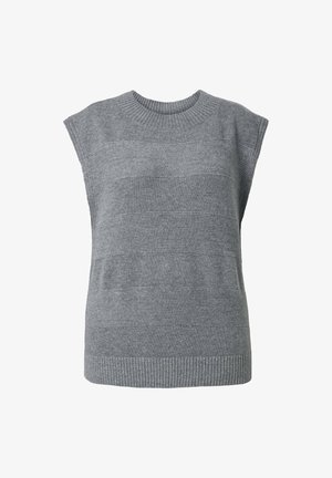 Gray knitted sleeveless top featuring a ribbed round neckline and varying textured stripes across the body. Hem is also ribbed.