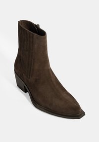 Bottine en daim marron avec un bout pointu, des panneaux latéraux texturés et un petit talon carré. Elle comprend une fermeture éclair à l'arrière.