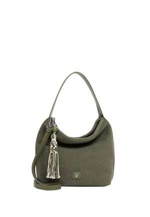 Borsa verde oliva con texture, dotata di manico singolo superiore, tracolla staccabile e charm decorativo con nappina beige.