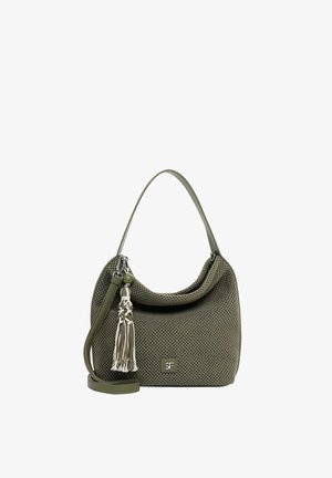Olivově zelená texturovaná kabelka s jedním horním uchytem, odnímatelným ramenním popruhem a ozdobným béžovým střapcem.