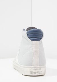 Bíl é vysoké tenisky Converse s modrým polstrovaným límcem na patě a opotřebovanou gumovou podešví, viděné ze zadní strany na bílém povrchu.