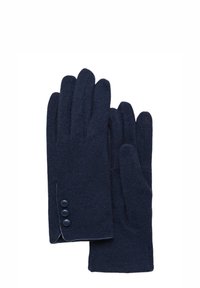 Gants en laine bleu marine avec une finition texturée, dotés de trois boutons sur le poignet et d'un bord contrastant le long du contour.