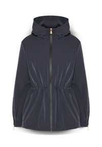 Giacca a vento blu navy con collo alto, vita con coulisse, cerniera frontale e polsini con zip. Tessuto liscio e leggero con finitura lucida.