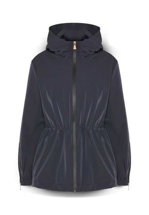 Chaqueta cortavientos azul marino con cuello alto, cintura ajustable con cordón, cremallera frontal y puños con cremallera. Tela suave y ligera con acabado brillante.