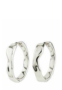 Silver hoop earrings with a wavy design. Smooth texture, glossy finish, and a continuous, unbroken shape. Suitable for various styles.