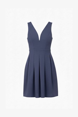 Sleeveless navy blue dress with deep V-neckline and pleated skirt, knee-length, fitted waist, on plain white background.