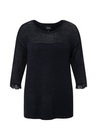 Mörkblå stickad tröja med trekvartslånga ärmar, med ett vävt mönster på den övre delen och fransar vid ärmsluten.