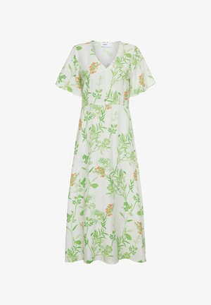 Blommig maxiklänning i lätt och andningsbar tyg. Har en V-ringning och korta ärmar med gröna och orangea botaniska tryck.