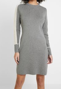 Abito a maglia grigio con maniche lunghe, scollatura rotonda e accenti testurizzati di un colore più chiaro sulle maniche. Silhouette semplice e aderente.