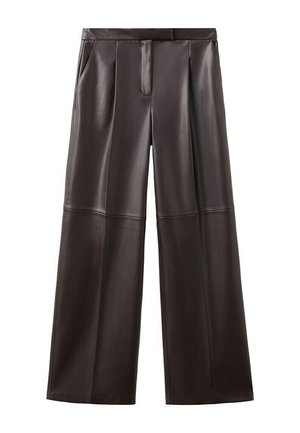 Spodnie damskie z wysokim stanem, szerokimi nogawkami, wykonane z ciemnobrązowej ekoskóry, z przednimi kieszeniami i przeszyciami na kolanach.