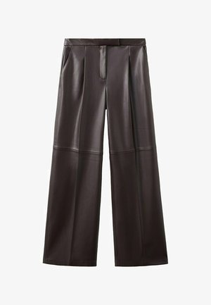 Spodnie damskie z wysokim stanem, szerokimi nogawkami, wykonane z ciemnobrązowej ekoskóry, z przednimi kieszeniami i przeszyciami na kolanach.