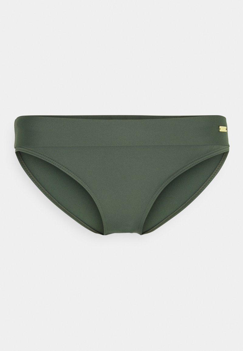 Olive green bikini bottoms made from smooth, stretchy fabric, featuring a wide waistband and minimal seams. Gold logo accent included.