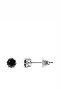 Black gemstone stud earrings set in silver-toned metal. Round cut, faceted surface, secured with a four-prong setting and post backing.
