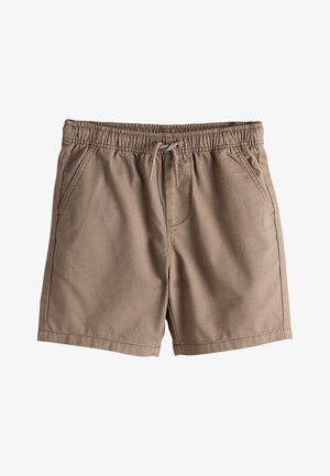 Braune legere Shorts mit elastischem Bund und Kordelzug, mit Fronttaschen und sichtbaren Nahtdetails.