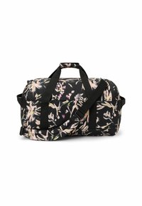 Reisetasche aus schwarzem Stoff mit einem floralen Muster in Pink und Grün, ausgestattet mit zwei Griffen und einem verstellbaren Schulterriemen.