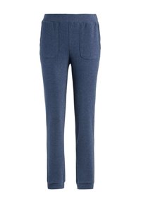 Navyblauwe tapered joggingsbroeken van zachte stof met een elastische tailleband, twee voorzakken en geribbelde boorden bij de enkels.
